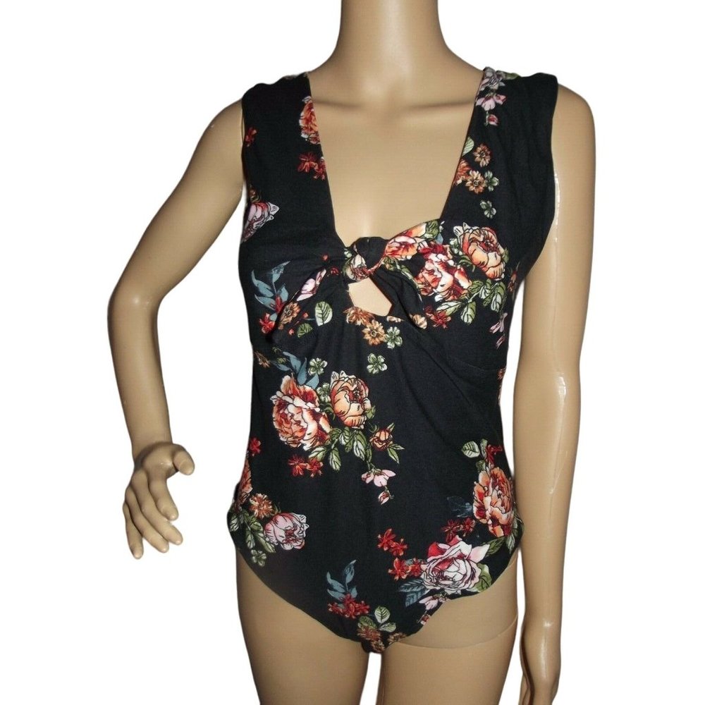 Riley James Medium Black Pink Tie Front V-Neck Sleeveless Bodysuit body suit m